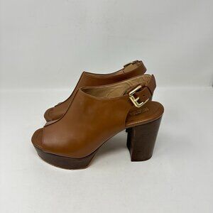 Michael Kors Piper Sling Brown/Luggage Leather Heels Platform Open Toe